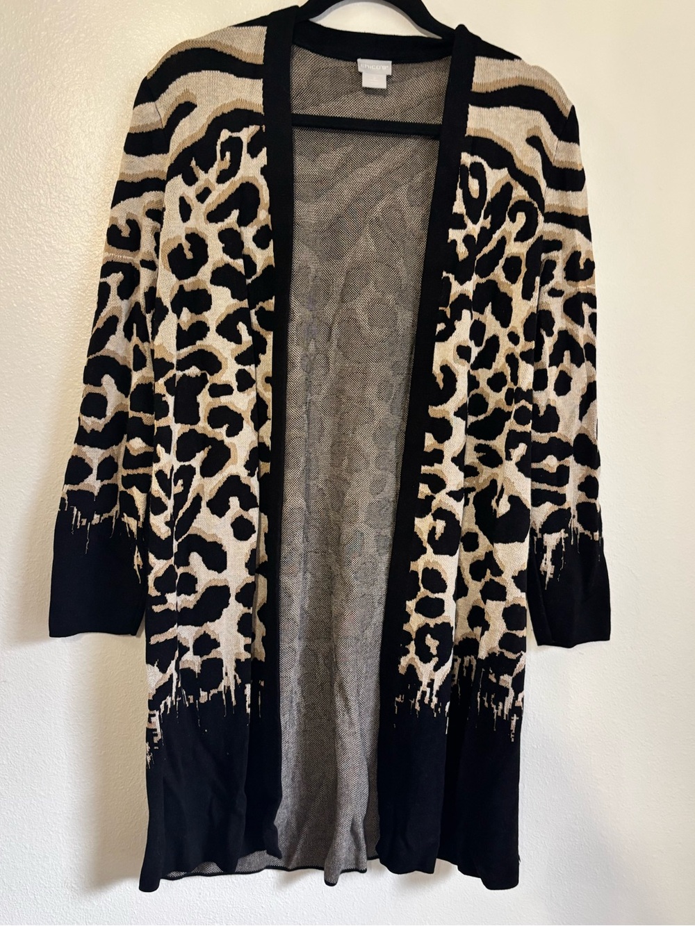 Chico’s Size 2 Cardigan Black Tan Animal Leopard Print Open Front Long Sweater